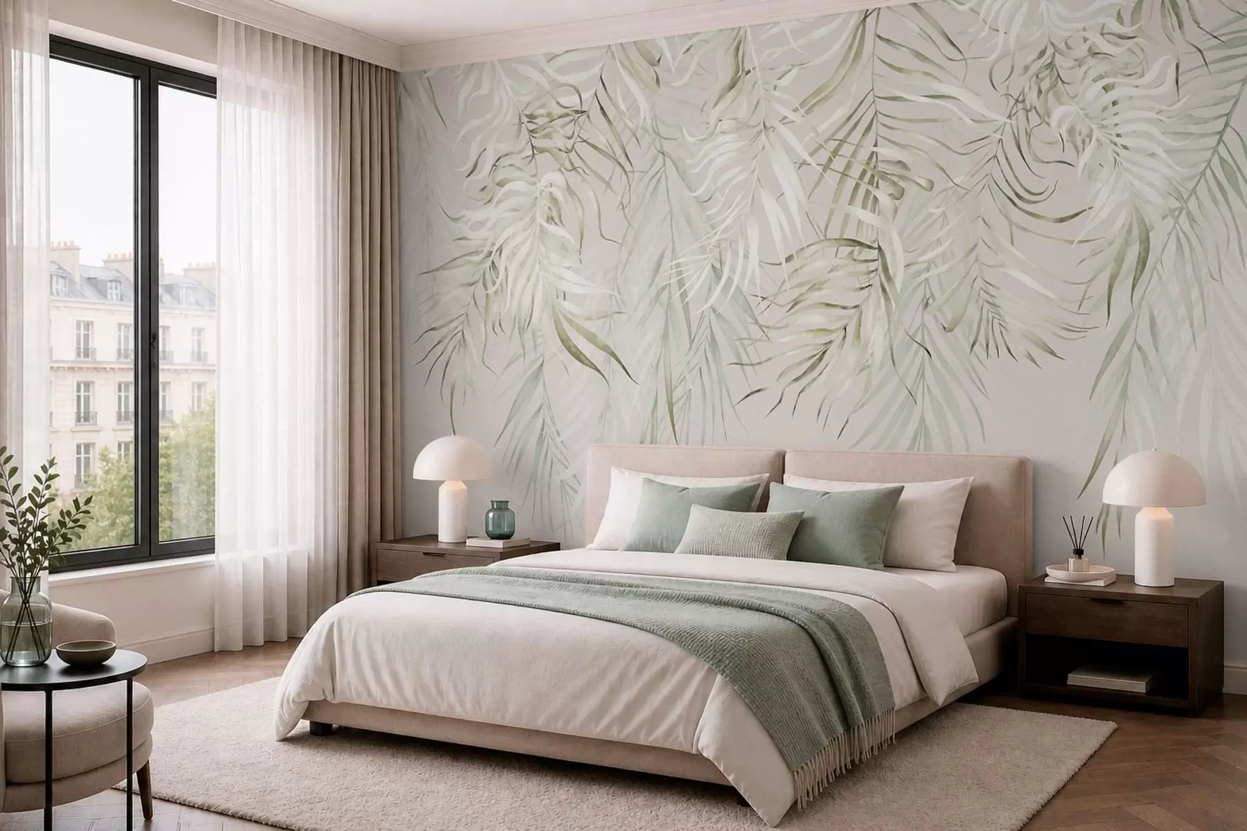 Murale Feuilles tropicales aux couleurs pastel sur fond clair w05627
