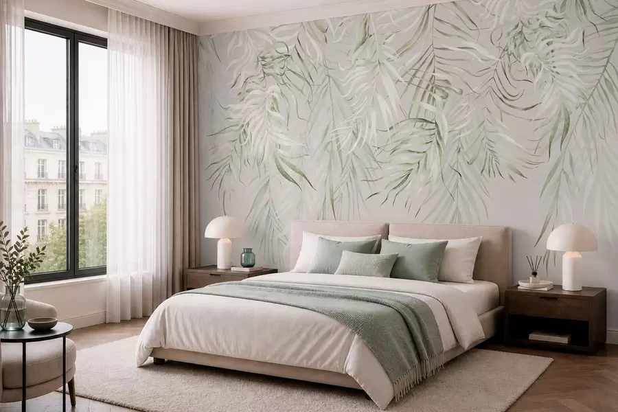 Murale Feuilles tropicales aux couleurs pastel sur fond clair w05627