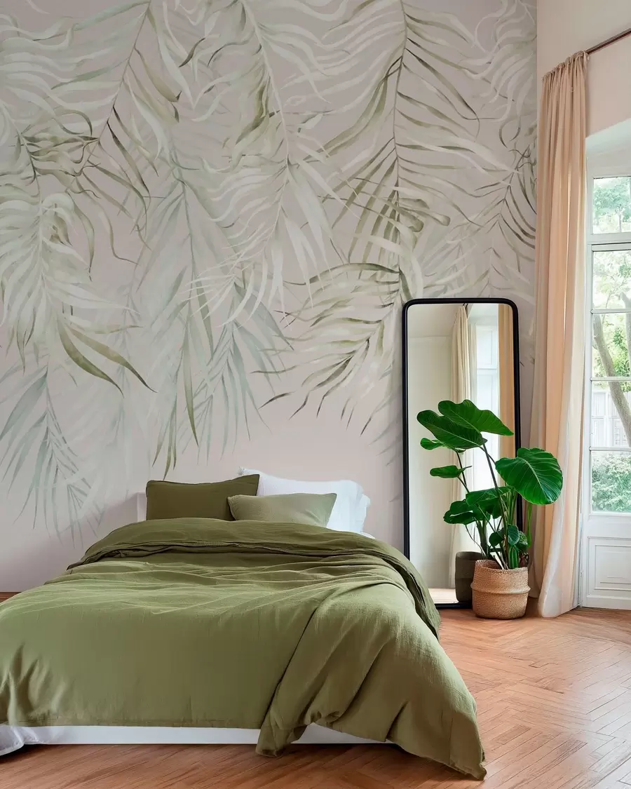 Murale Feuilles tropicales aux couleurs pastel sur fond clair w05627