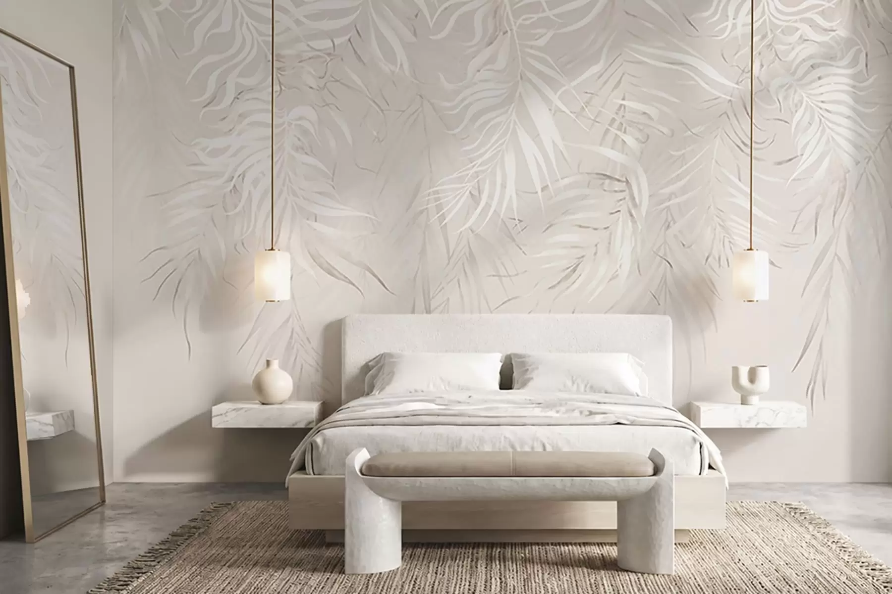 Murale Feuilles tropicales blanches sur fond clair w05627v1