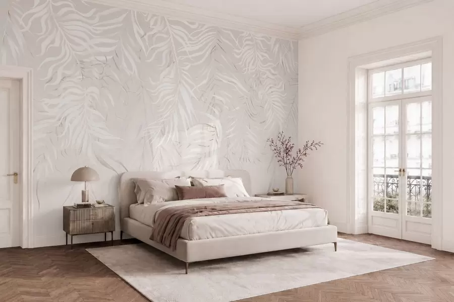 Murale Feuilles tropicales blanches sur fond clair w05627v1