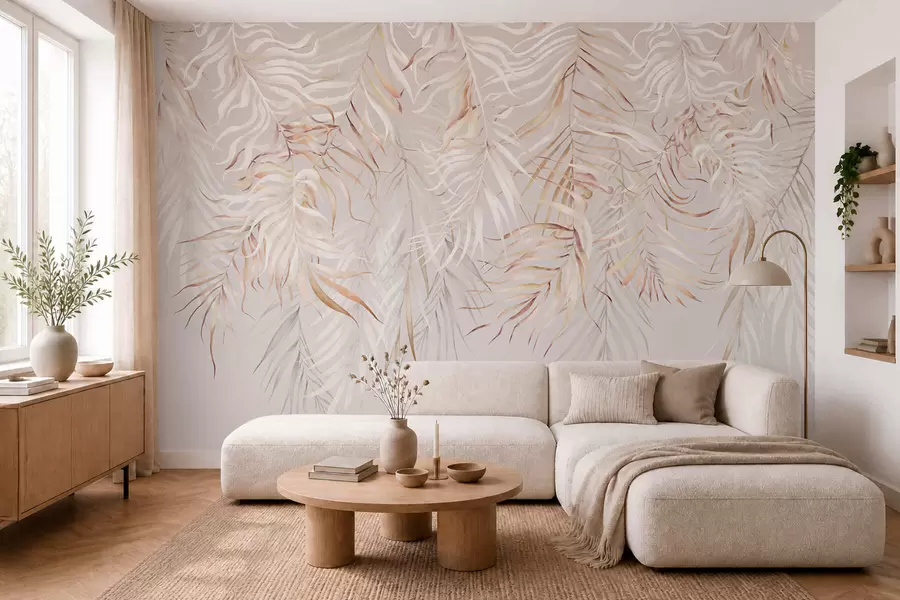 Murale Feuilles tropicales claires sur fond beige w05627v2