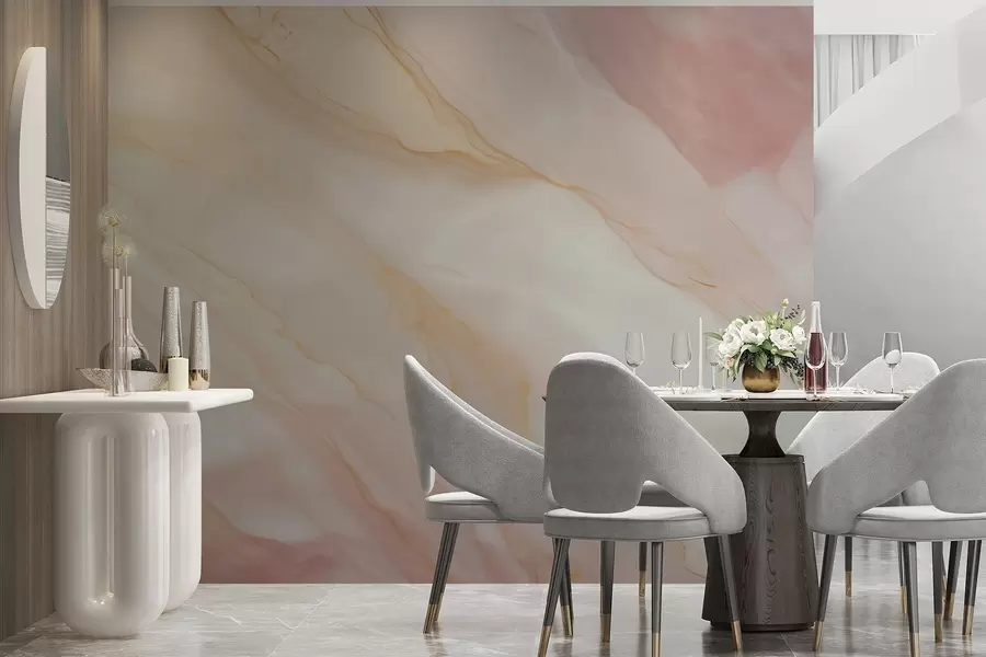 Murale Imitation d'un motif abstrait imitant la texture du marbre, dans des tons de rose et de jaune w05632