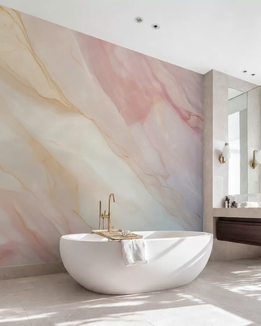 fototapeter Imitation af et abstrakt marmormønster i nuancer af lyserødt og gult w05632