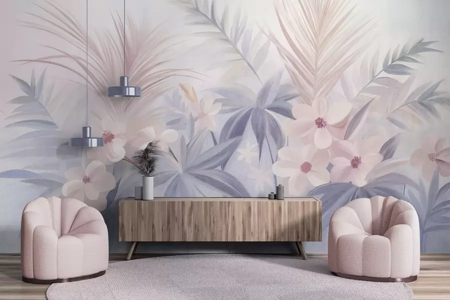 Murale Fleurs tropicales et feuilles de palmier dans des tons doux de bleu et de rose, style peinture w09832