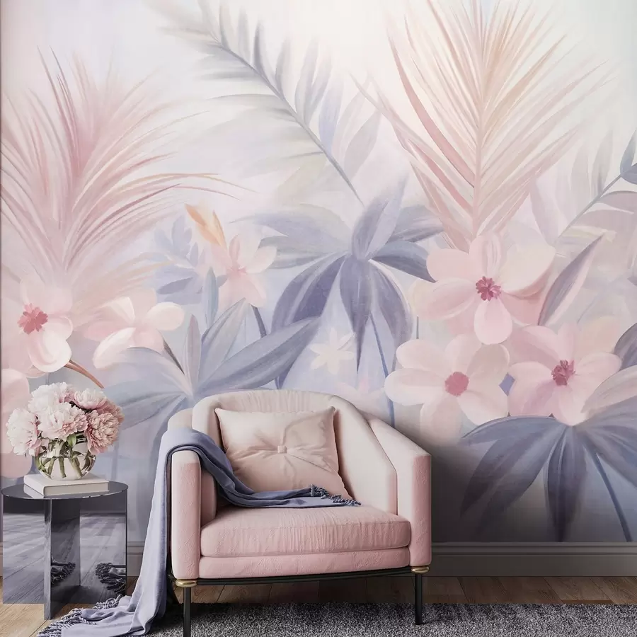 Murale Fleurs tropicales et feuilles de palmier dans des tons doux de bleu et de rose, style peinture w09832