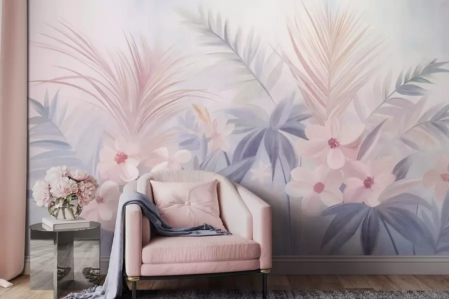 Murale Fleurs tropicales et feuilles de palmier dans des tons doux de bleu et de rose, style peinture w09832