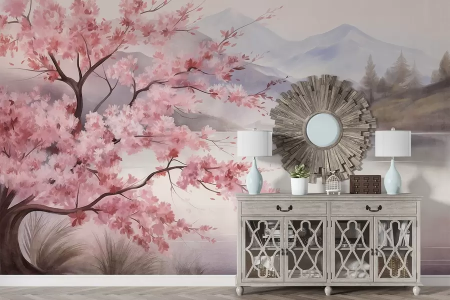 Murale Une peinture de paysage représentant un arbre en fleurs roses, un lac et des montagnes brumeuses en arrière-plan w09870