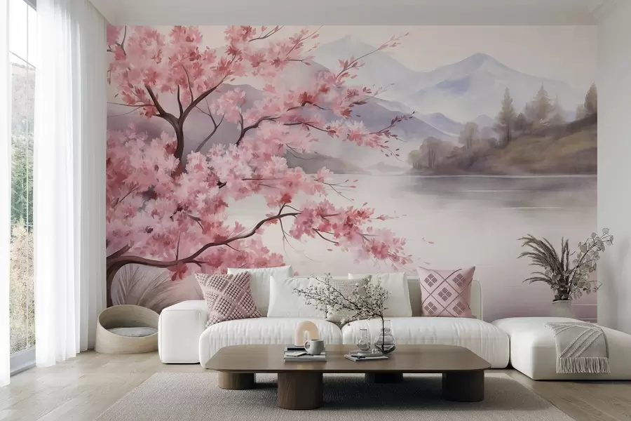Murale Une peinture de paysage représentant un arbre en fleurs roses, un lac et des montagnes brumeuses en arrière-plan w09870