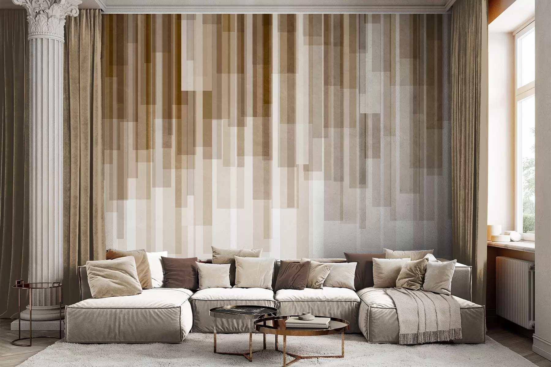 Murale Rectangles verticaux texturés, de transparence variable et dans des nuances de brun, art abstrait w09889v1