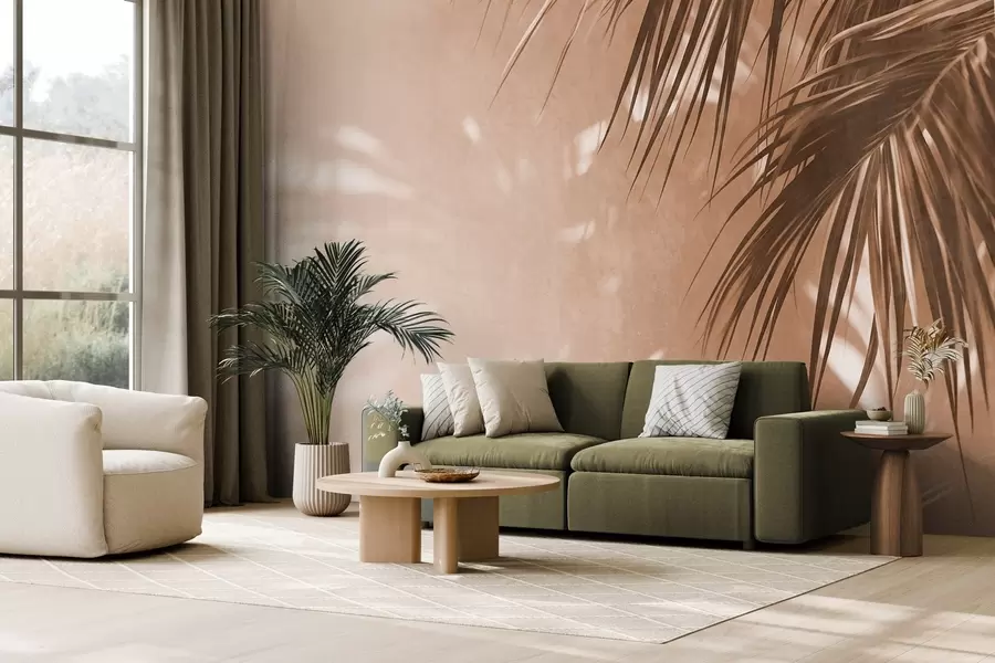 Murale Feuilles de palmier texturées avec des ombres, ambiance tropicale, minimalisme w09890