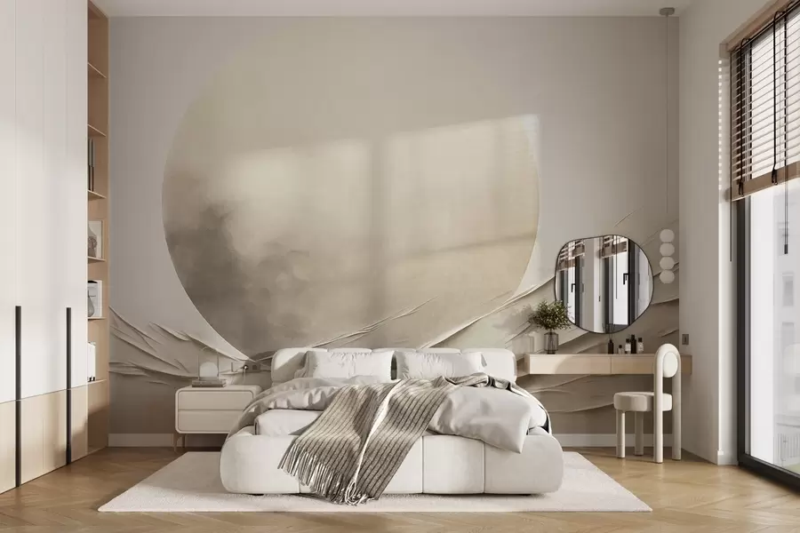 Fototapete Abstrakte, wellenförmige, cremefarbene Formen mit einer großen, blassen Kugel; minimalistische moderne Kunst w09895