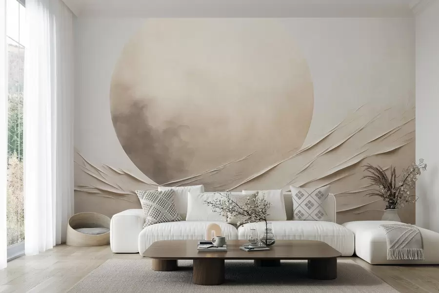 Murale Formes abstraites, ondulées, de couleur crème, accompagnées d'une grande sphère pâle ; art moderne minimaliste w09895
