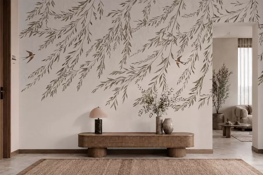 Murale Des branches beiges et des hirondelles sur fond clair w05630v1