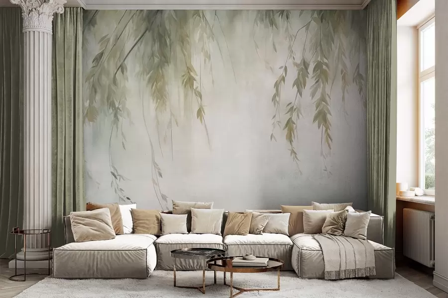 Murale Des branches de saule aux feuilles vert pâle retombant sur un fond aux tons discrets, dans un style aquarelle w09893