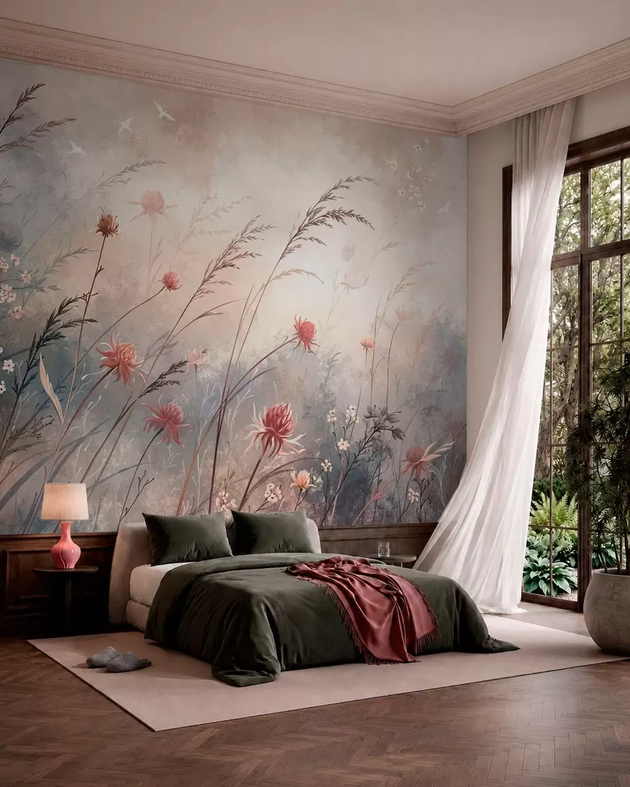 Murale De délicates fleurs sauvages dans un décor brumeux aux tons pastel w05538