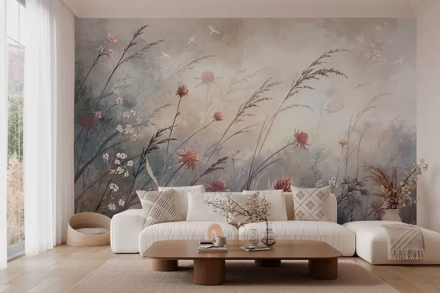 Murale De délicates fleurs sauvages dans un décor brumeux aux tons pastel w05538