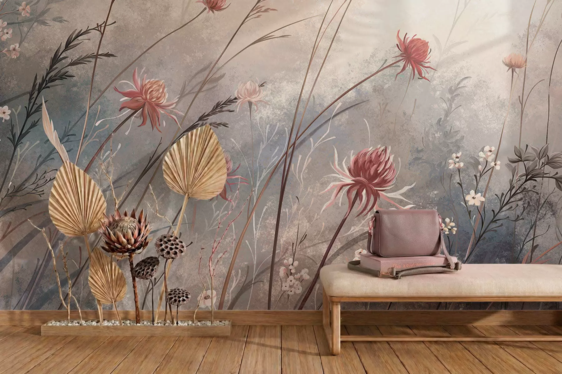 Fototapete Zarte Wildblumen in einer nebligen Pastelllandschaft w05538