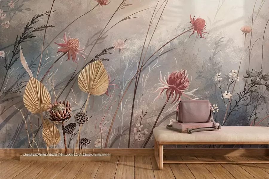 Murale De délicates fleurs sauvages dans un décor brumeux aux tons pastel w05538