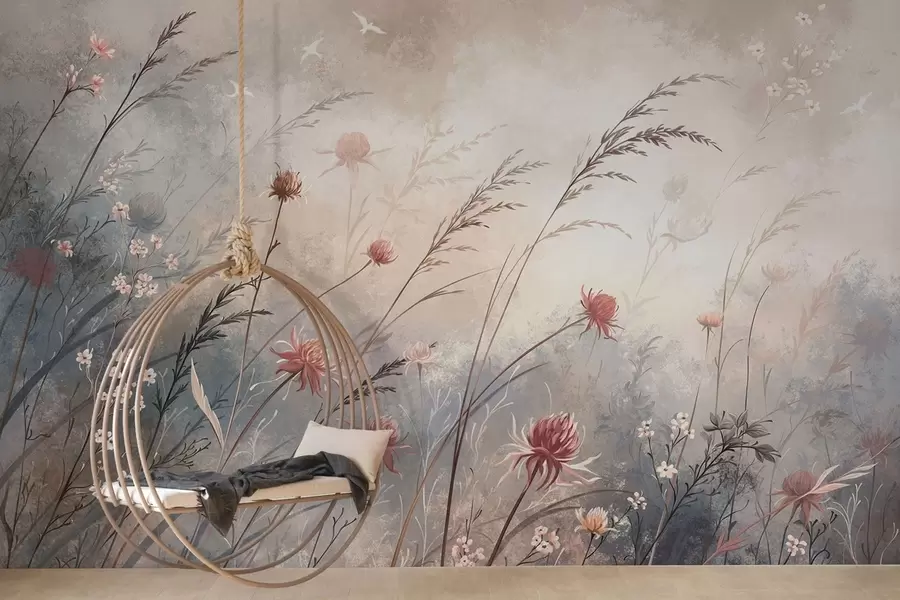 Murale De délicates fleurs sauvages dans un décor brumeux aux tons pastel w05538