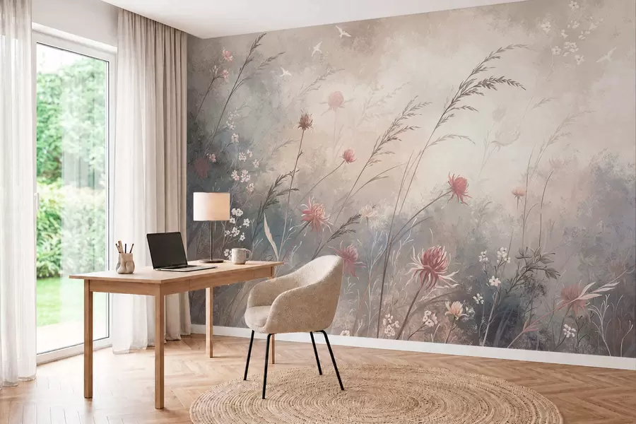 Murale Des fleurs sauvages aux couleurs pastel sur un fond flou et délicat w05538v1