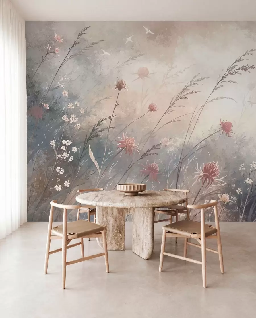 fototapeter Pastelfarvede vilde blomster på en blød, sløret baggrund w05538v1