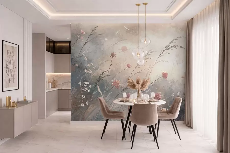 Murale Des fleurs sauvages aux couleurs pastel sur un fond flou et délicat w05538v1