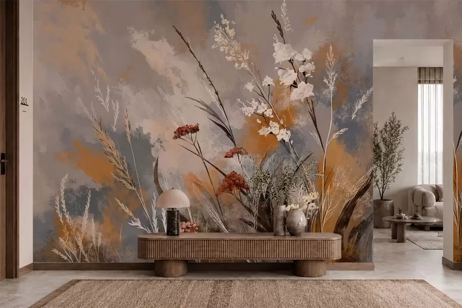 Murale Plantes de prairie stylisées dans des tons naturels chauds w05539