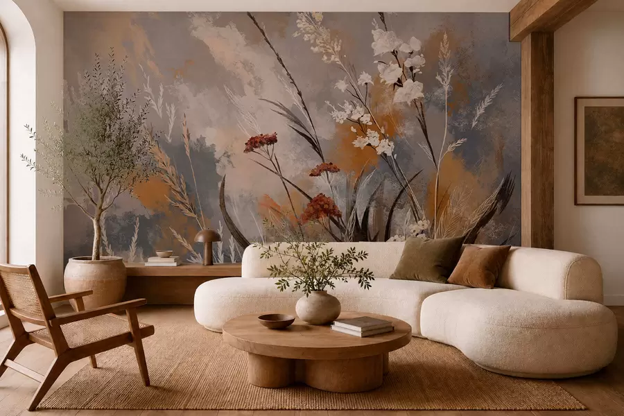 Murale Plantes de prairie stylisées dans des tons naturels chauds w05539