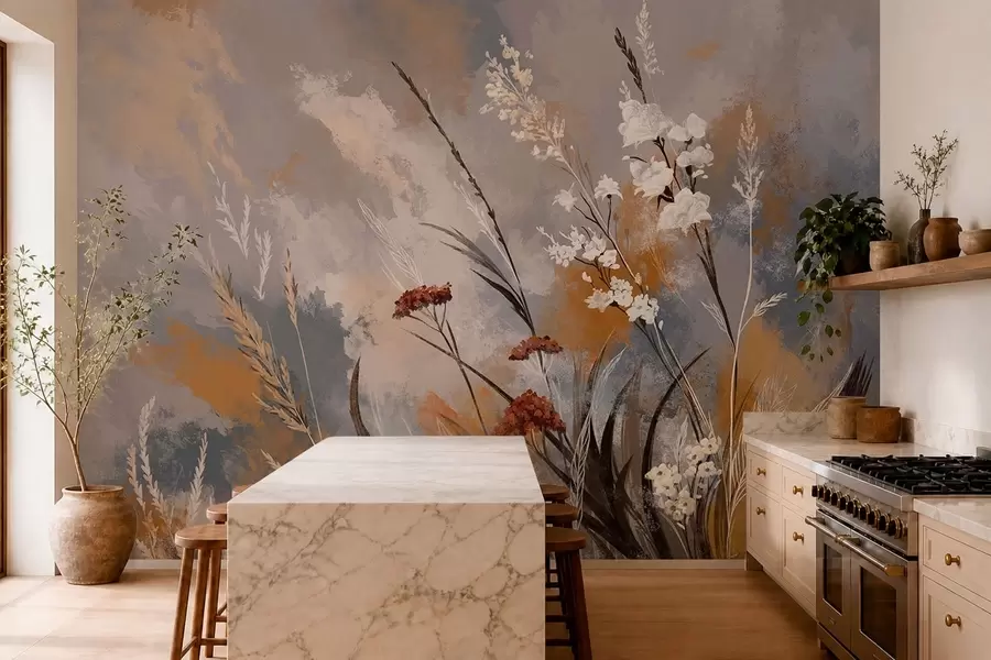 Murale Plantes de prairie stylisées dans des tons naturels chauds w05539