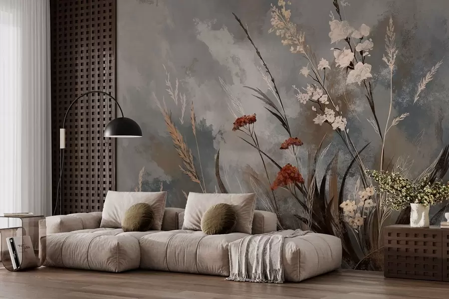 fototapeter Enggræs og blomster på en grå kunstnerisk baggrund w05539v1