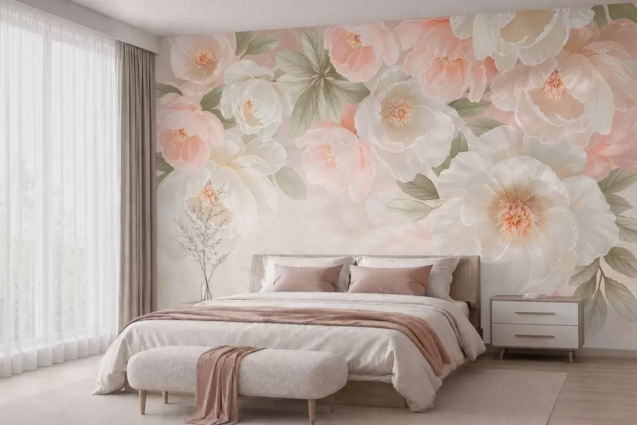 Murale De grandes fleurs délicates dans des tons roses et crème w05540