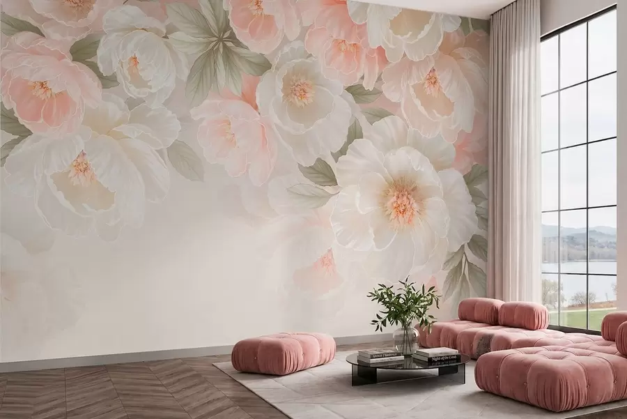 fototapeter Store, fine blomster i lyserøde og cremefarvede nuancer w05540