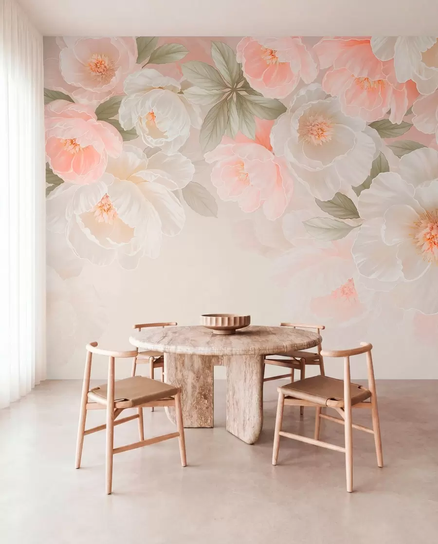 fototapeter Store, fine blomster i lyserøde og cremefarvede nuancer w05540