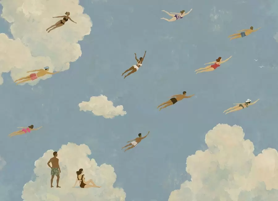 Murale Des gens flottant parmi les nuages dans un ciel bleu w05628