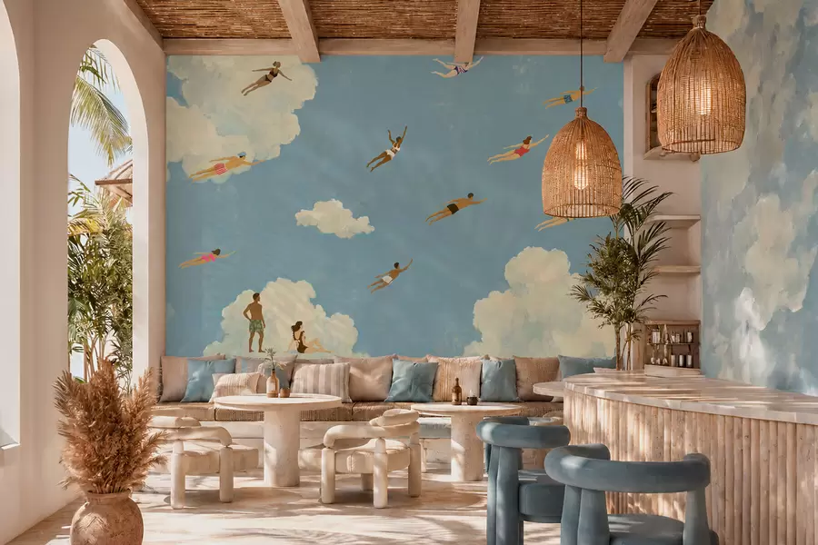 Murale Des gens flottant parmi les nuages dans un ciel bleu w05628