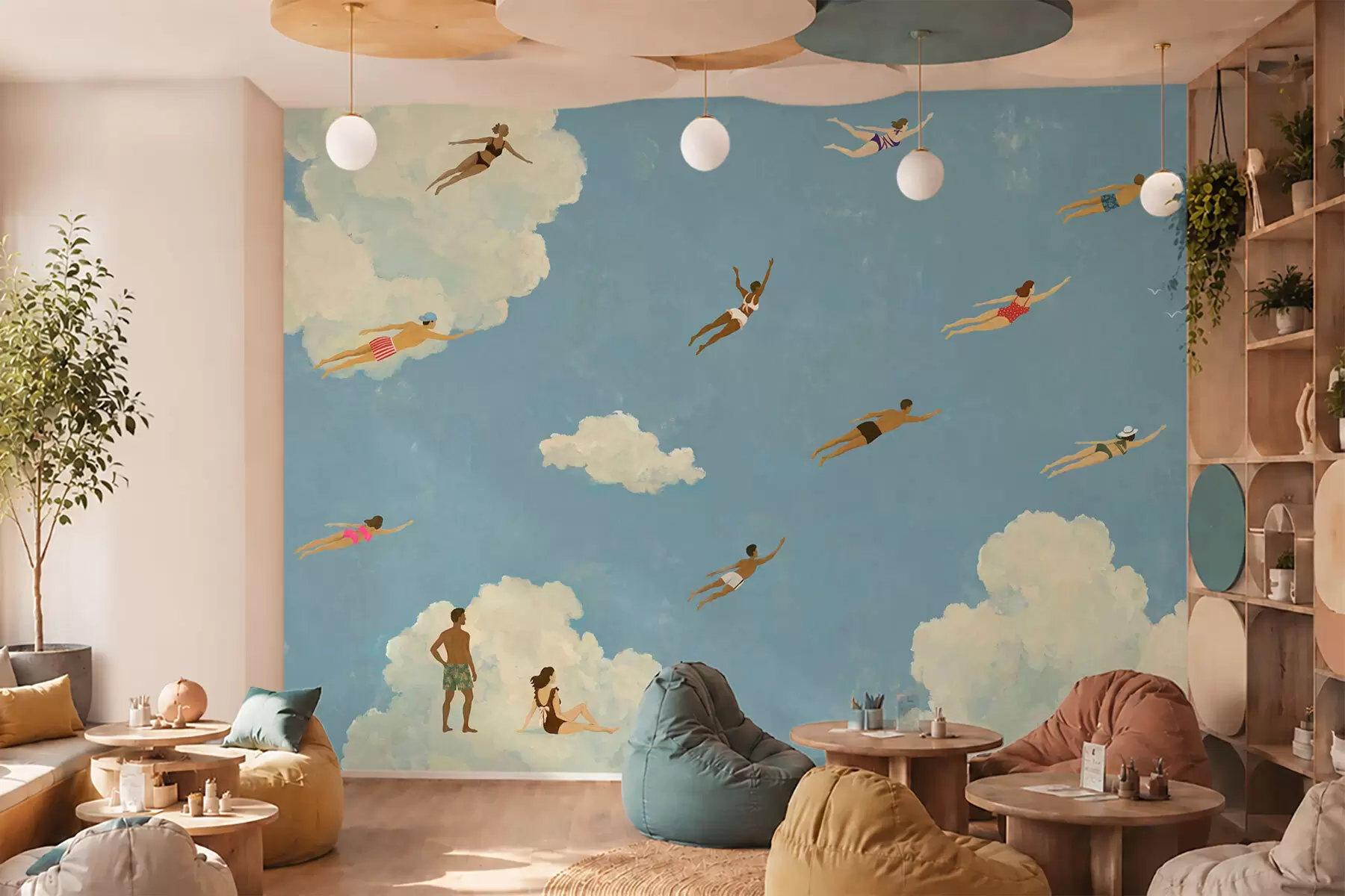 Murale Des gens flottant parmi les nuages dans un ciel bleu w05628