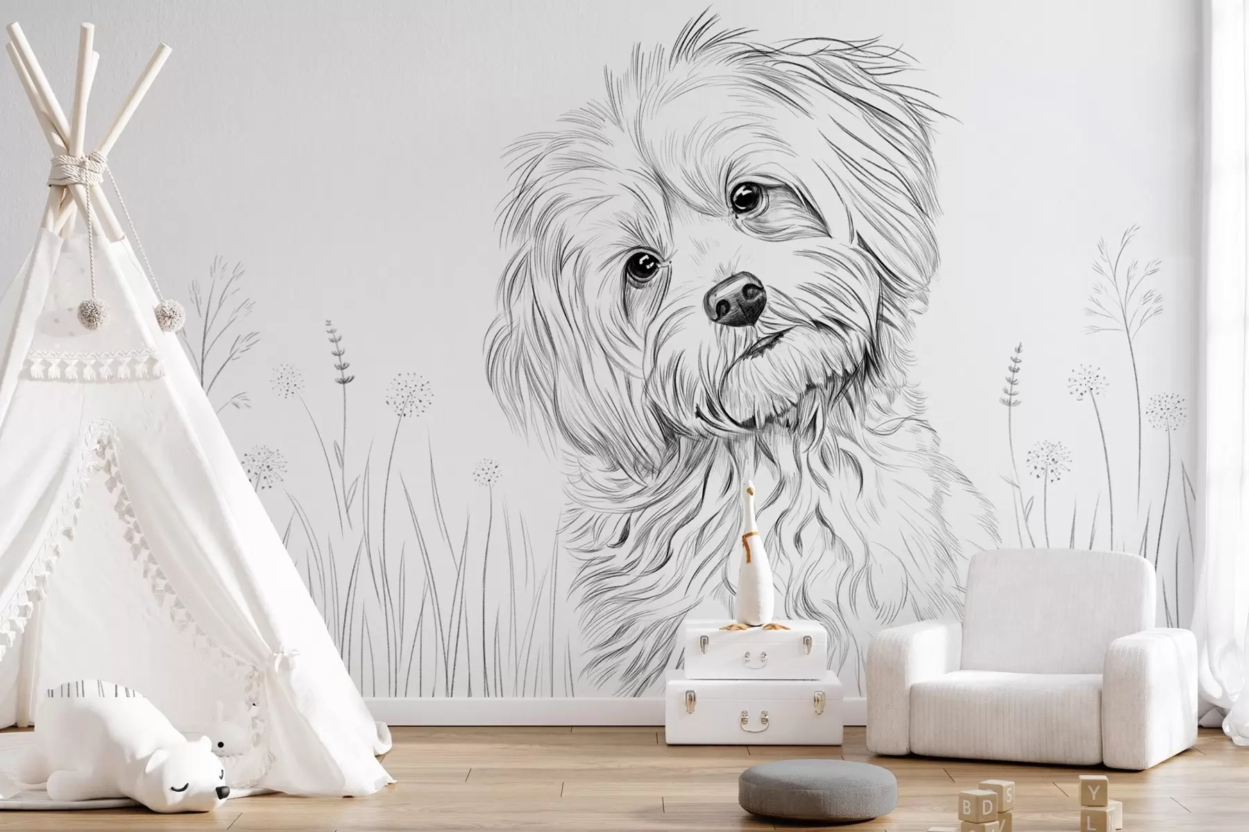 Murale Un joli dessin représentant un chien dans l'herbe w05656