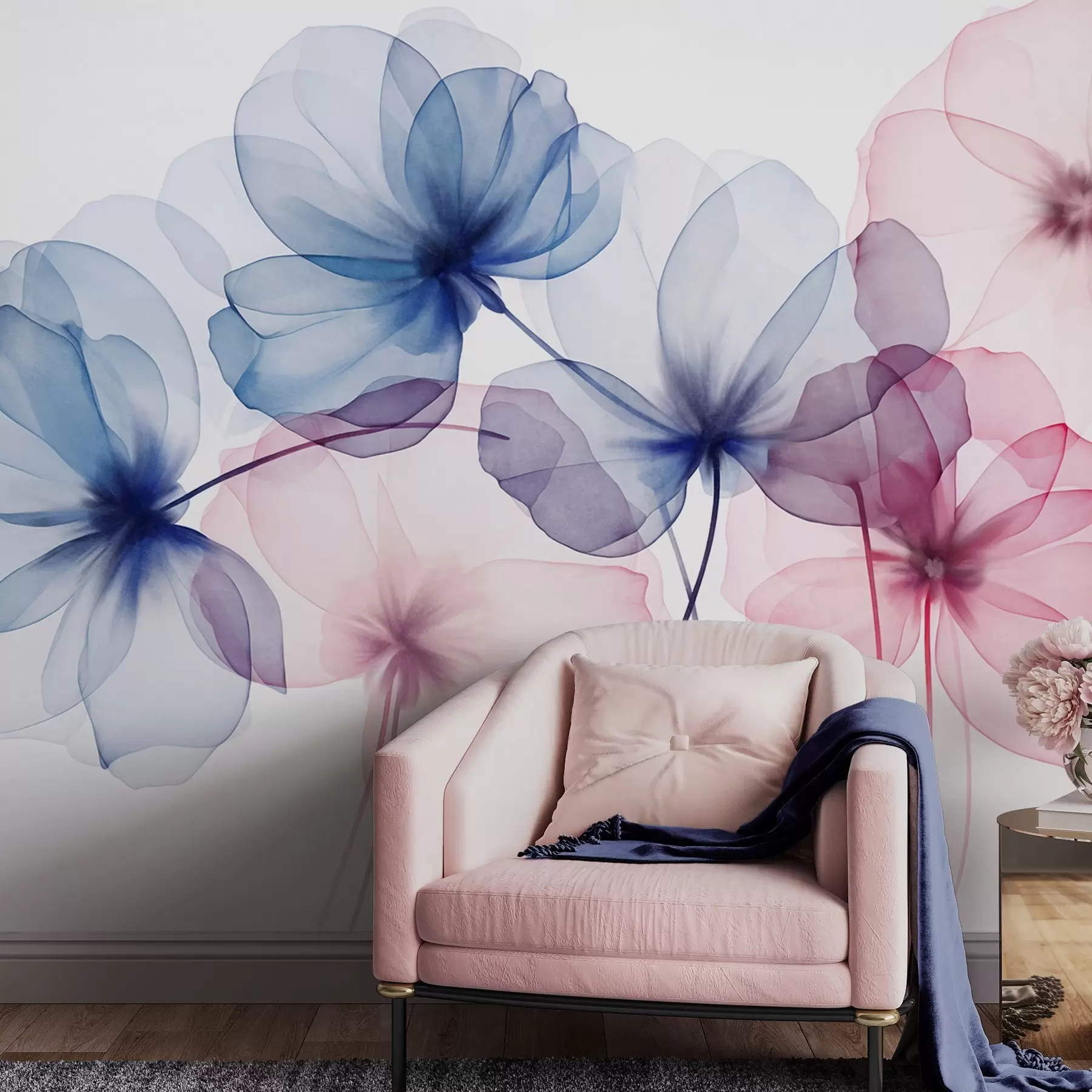 Fototapete Durchscheinende, strukturierte blaue und rosa Blumen auf hellem Hintergrund, zarte, sich überlappende Blütenblätter w09892