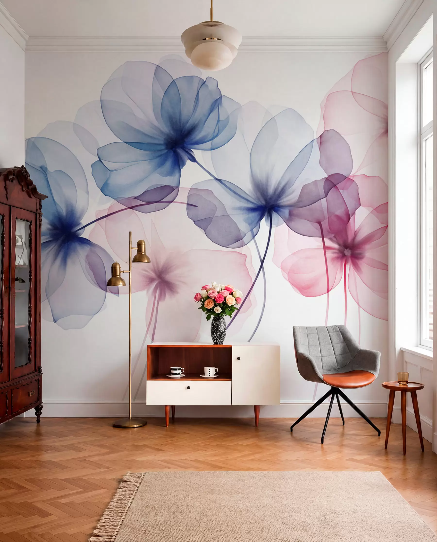 fototapeter Gennemsigtige, strukturerede blå og lyserøde blomster på lys baggrund, hvor de fine kronblade overlapper hinanden w09892