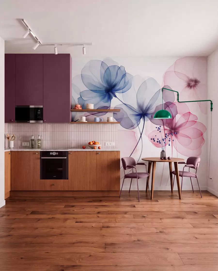 fototapeter Gennemsigtige, strukturerede blå og lyserøde blomster på lys baggrund, hvor de fine kronblade overlapper hinanden w09892