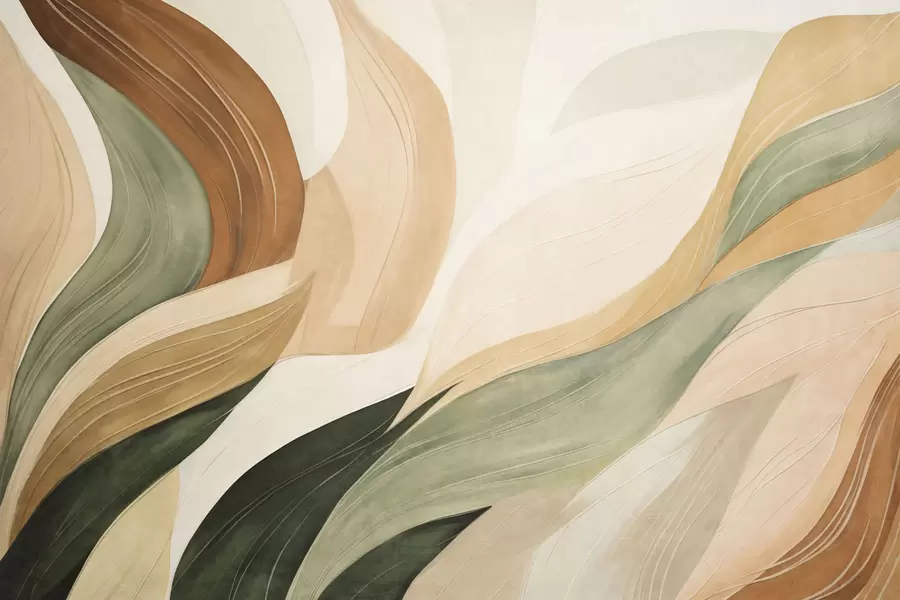 Murale Des formes organiques abstraites dans des tons terreux de vert, marron et beige, aux textures fluides w09894