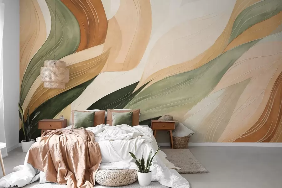 Murale Des formes organiques abstraites dans des tons terreux de vert, marron et beige, aux textures fluides w09894