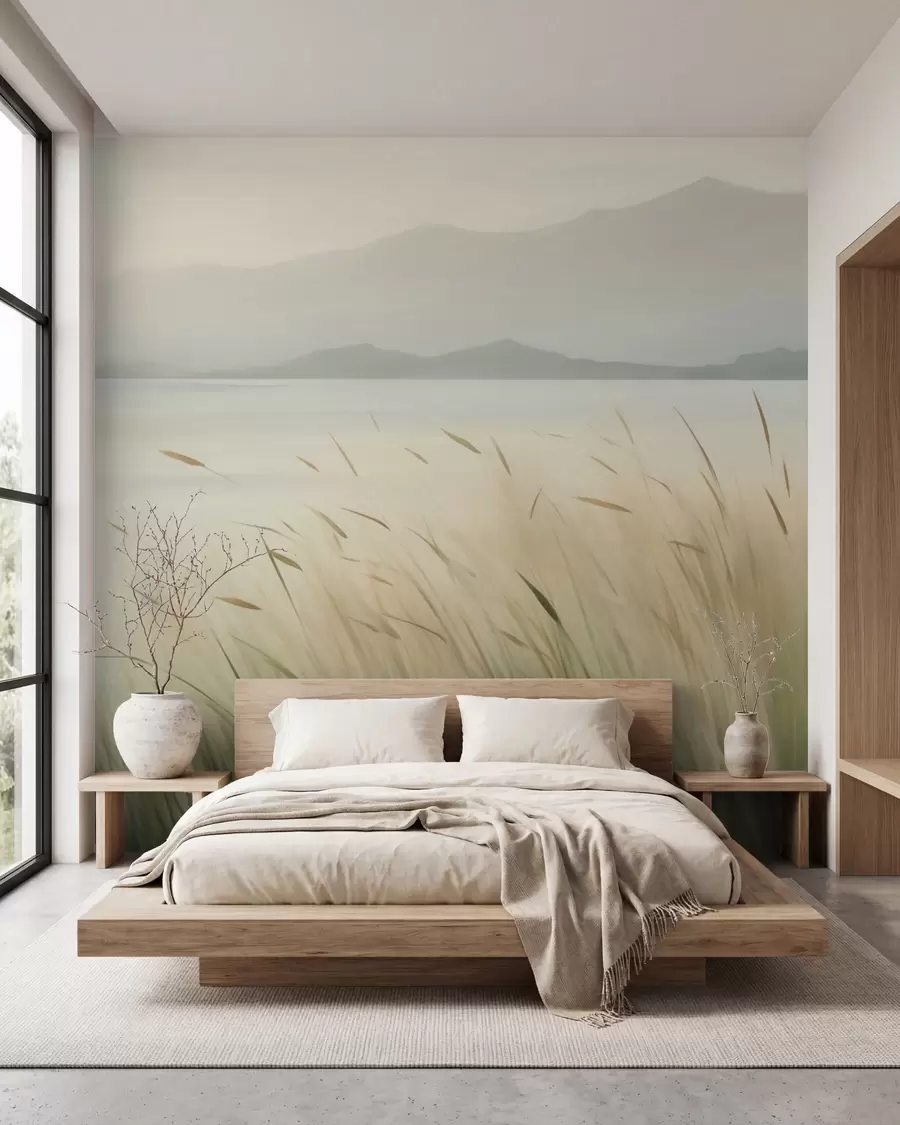 Murale De l'herbe au bord du lac, avec les montagnes en arrière-plan w05668