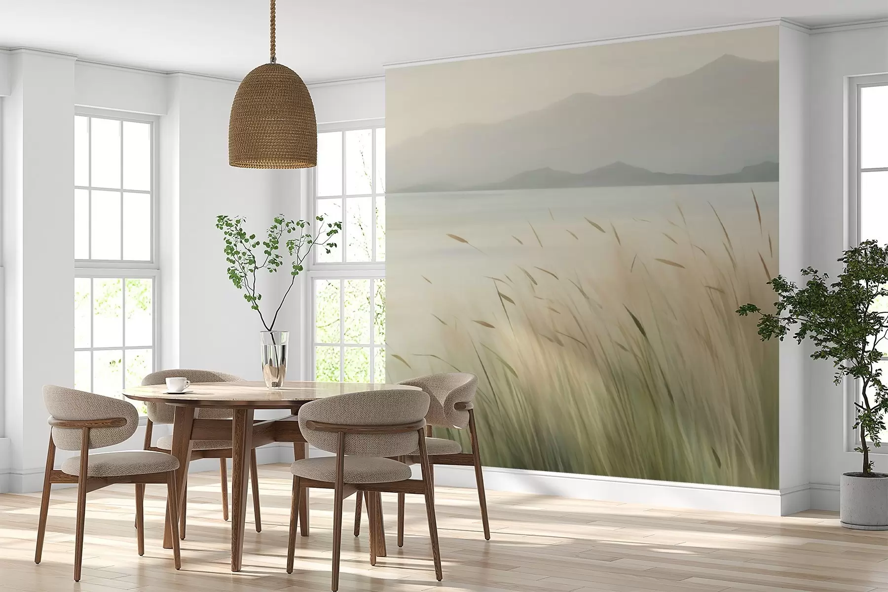 Murale De l'herbe au bord du lac, avec les montagnes en arrière-plan w05668