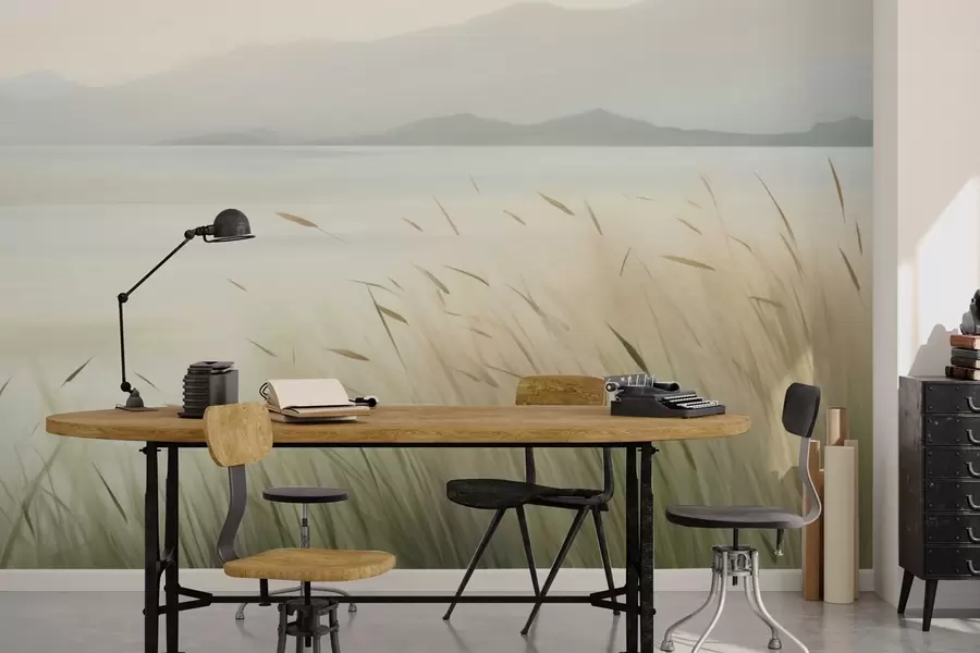 Murale De l'herbe au bord du lac, avec les montagnes en arrière-plan w05668