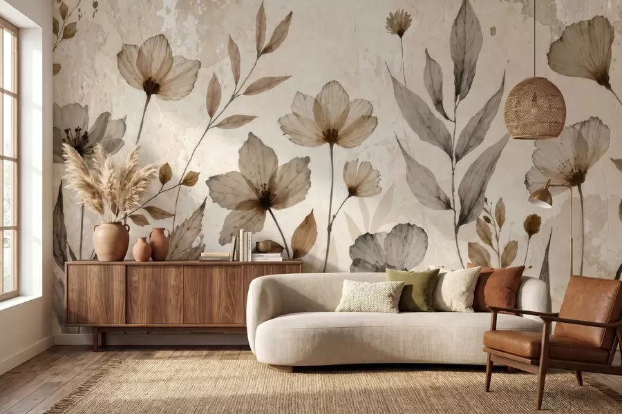 fototapeter Delikate akvarelmalede vilde blomster i en blid beige- og cremefarvet palet w09875