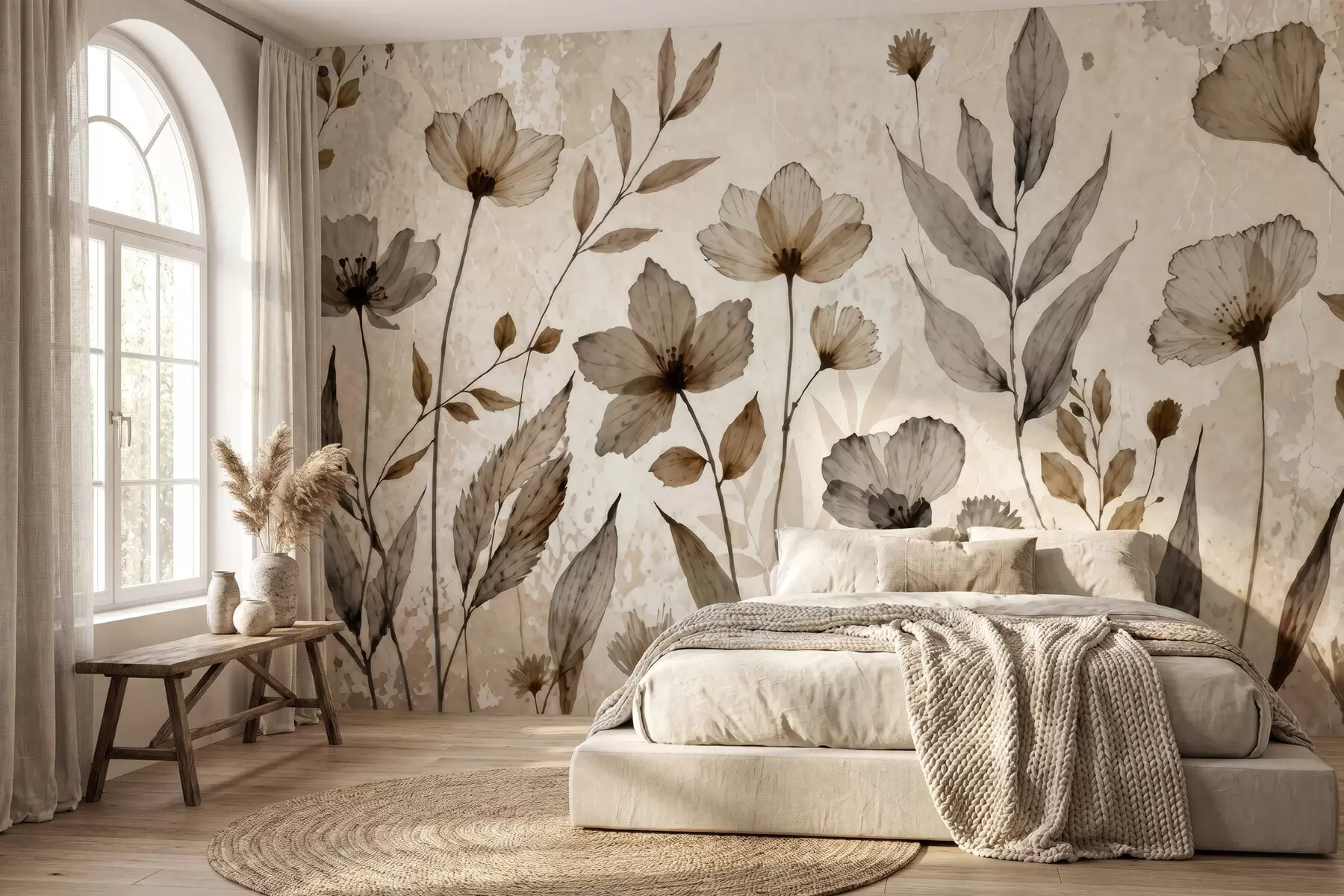 Fototapete Zarte Wildblumen in Aquarelloptik in sanften Beige- und Cremetönen w09875