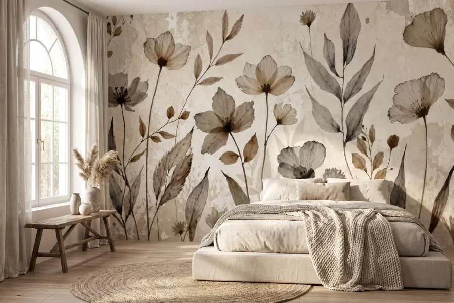 Fototapete Zarte Wildblumen in Aquarelloptik in sanften Beige- und Cremetönen w09875
