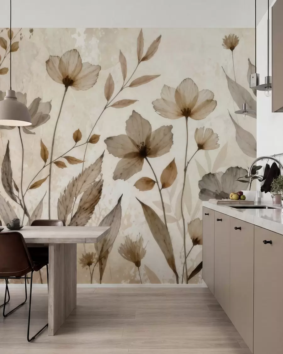 fototapeter Delikate akvarelmalede vilde blomster i en blid beige- og cremefarvet palet w09875